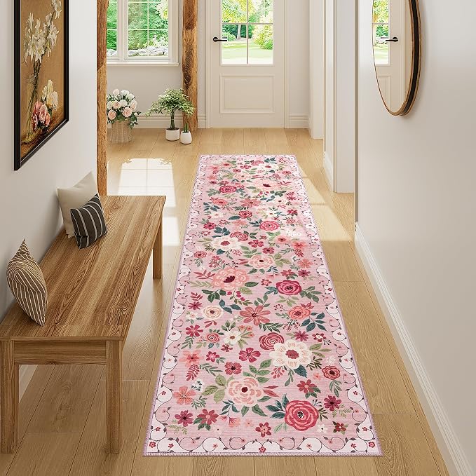 DUKINO 2x7 Runner Rug for Hallway, Washable Runner Rug Non Slip, Pink | Low Pile, Soft Indoor Carpet Runner for Kitchen, Bedroom, Bathroom, Entryway, Laundry, Pet Friendly, Home Decor, Lightweight
