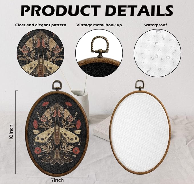 Moths and Poppy Flower Wall Decor, Boho Printed Canvas Oval Wall Hanging for Bedroom Kitchen Home Office, Oval Door Decoration, Bedroom Decor, Living Room Art, Hanging Decoration Art with Hooks,1