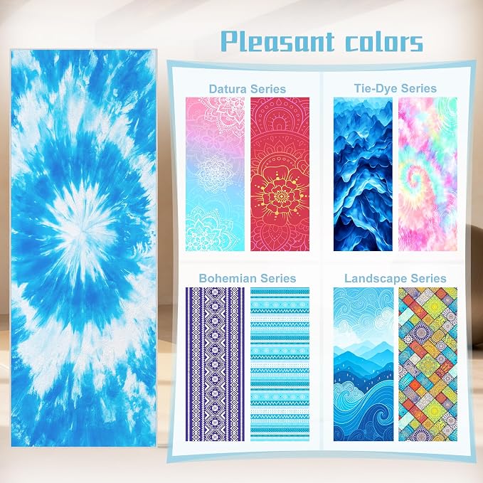 Yoga Mat Towel, Hot Yoga Towel High-Definition Pattern, Machine Washable with Ultra-Absorbent Yoga Towels for Hot Yoga Non Slip for Fitness, Exercise, Pilates, 72 x 27 in,Blue & White