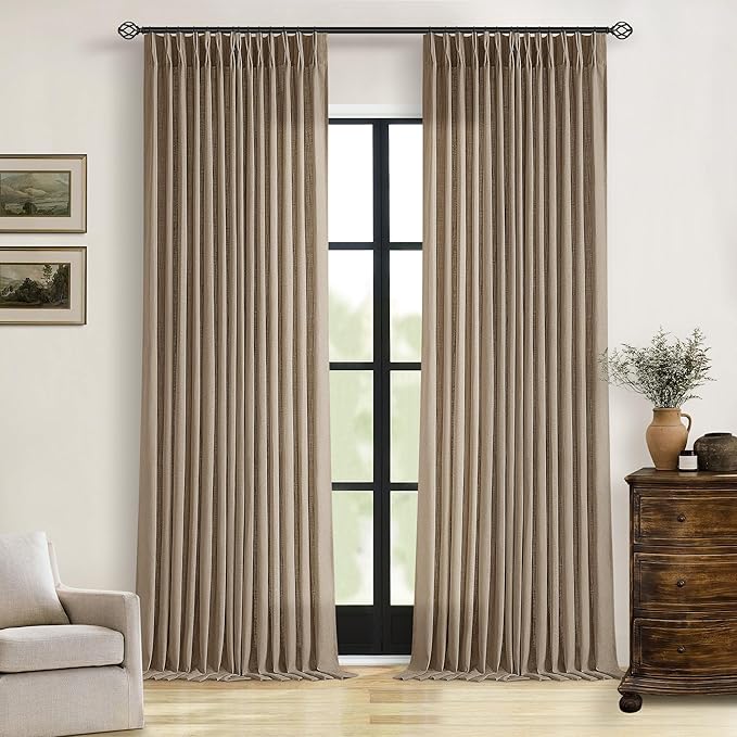 TWODRAPES 98 Inch Tan Brown Linen Curtains for Living Room Pinch Pleated Drape with Hooks Rings for Track System Light Filtering 98 Inch Curtain for Bedroom Sliding Patio Door 2 Panels Latte