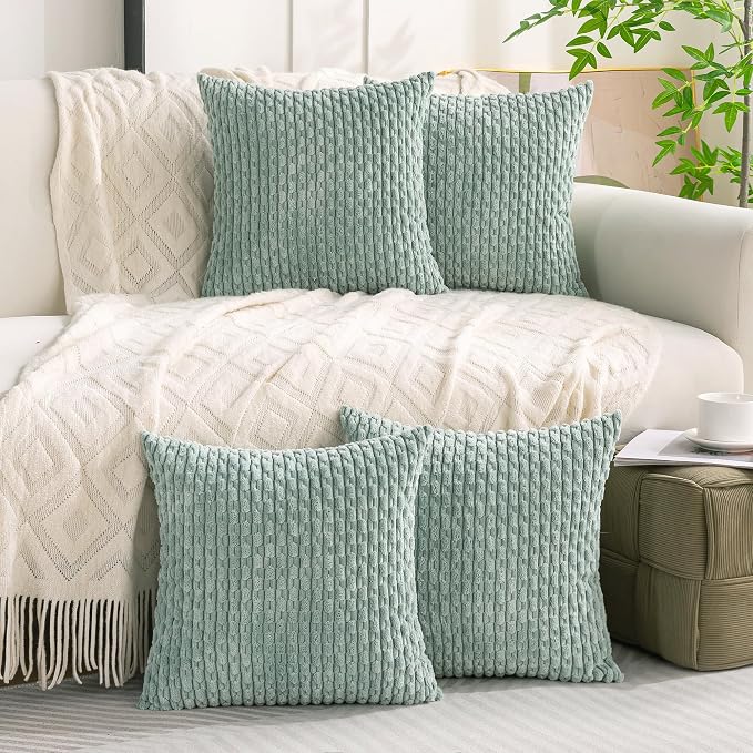 Set of 4 Aqua Decorative Throw Pillow Covers 24x24 Inch Corduroy Pillow Covers for Bed Couch Sofa Living Room Soft Square Cushion Cases