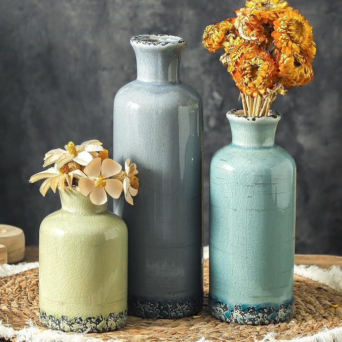Ceramic Vase Set of 3, Flower Vases Home Decor, Neutral Pottery Rustic Farmhouse Decorative Vases Modern Decor for Table Mantel Entryway Bookshelf Living Room Kitchen Bedroom - Multicolor