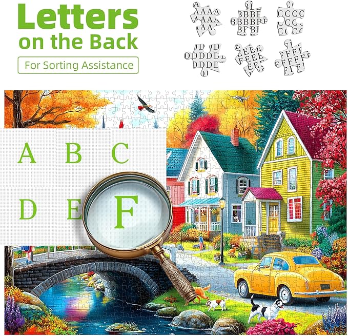 1000 Piece Jigsaw Puzzle for Adults - Autumn Village Scene: Colorful Houses, Bridge & Vintage Car, 27.5x19.7 Inch Unique Art Puzzle, Challenging Hard Difficult Puzzles for Adults