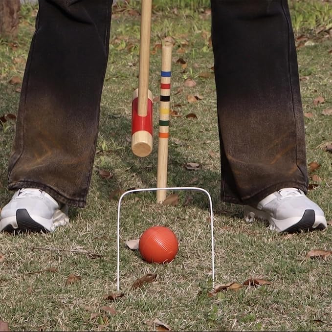 SPORT BEATS Six Player Croquet Set Solid RubberWood 32 Inch Mallets with Carry Case, Six Balls, Nine Wickets, 2 Stakes for Backyard Outdoor Games