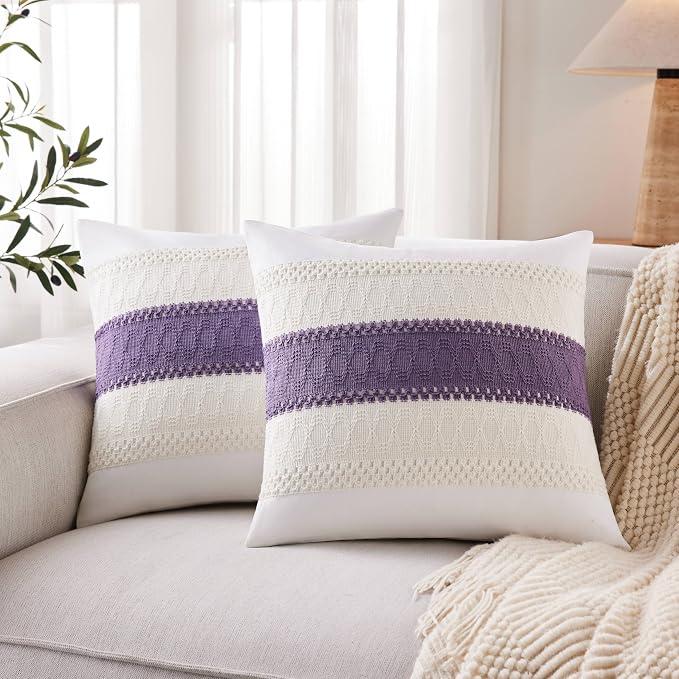 2pk Boho Pillow Covers 18x18, Natural White/Contrast/Purple | 100% Organic Cotton Body, Stripe Embroidery, Farmhouse Decorative Cushion Covers for Sofa Bed Living Room Home Decor