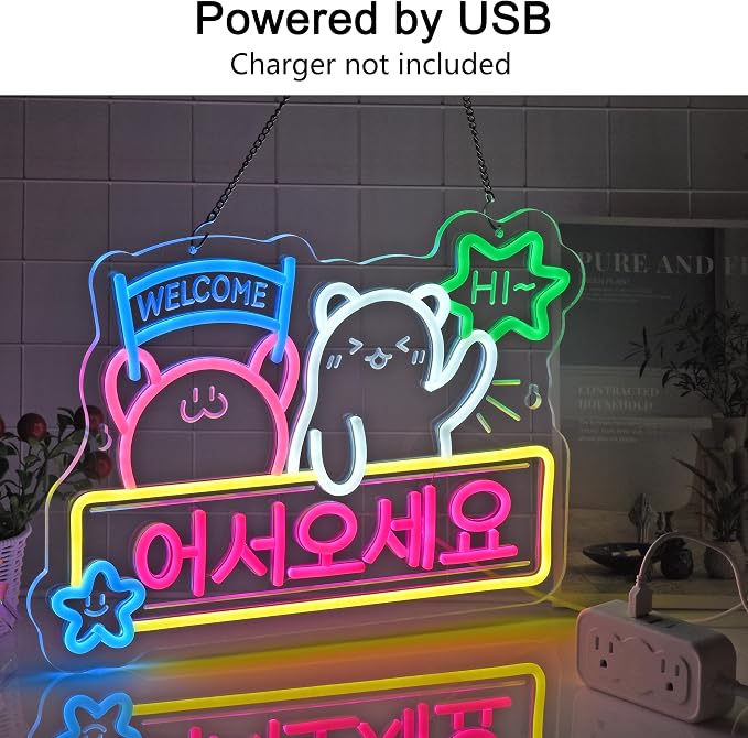 Korean Welcome Neon Sign，Bar Shop LED Light Sign Wall Decor | Neon Lights Hanging Wall Art Decoration for Korean Store Soju Markets Kitchen Home Decor, USB Powered Dimmable,15.75×11.4 In