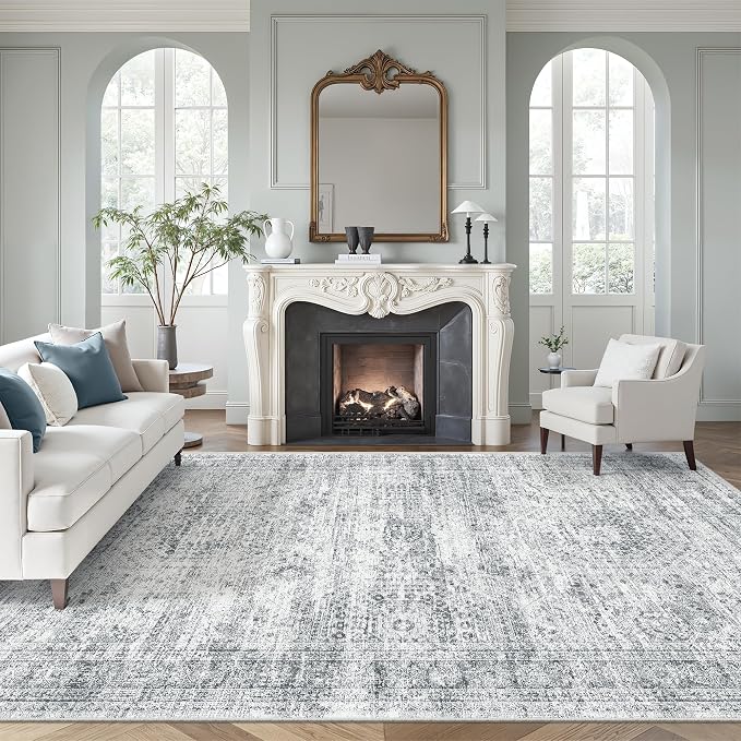 Soalmost 7x10 Area Rug for Living Room Washable Rugs Non-Slip Grey | Low-Pile Vintage Carpet for Dining Bedroom, Foldable Thin Stain Resistant Floor Mat Under Table Home Office Nursery Decor