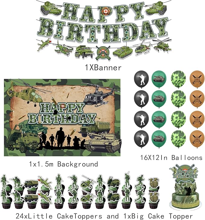 43Pcs Army Birthday Party Decorations Military Supplies Includes Soldier Balloons- Banner-Cake Topper-Cupcake Toppers-Army Soldier Backdrop for Camo Birthday Party Decorations