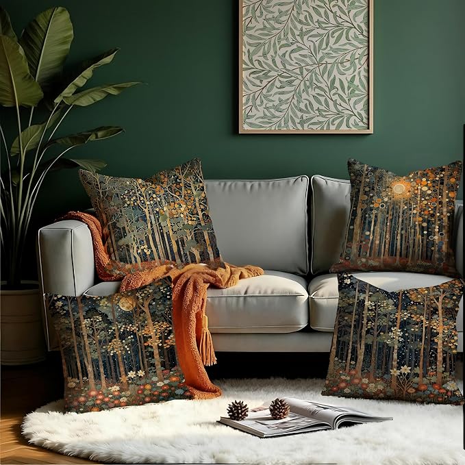 454 Rustic William Morris Style Fall Forest Pillow Covers 22x22 | Fall Autumn Home Room Decor, Vintage Botanical Nature Decorative Throw Pillow Covers for Home Bedroom Living Room Set of 4