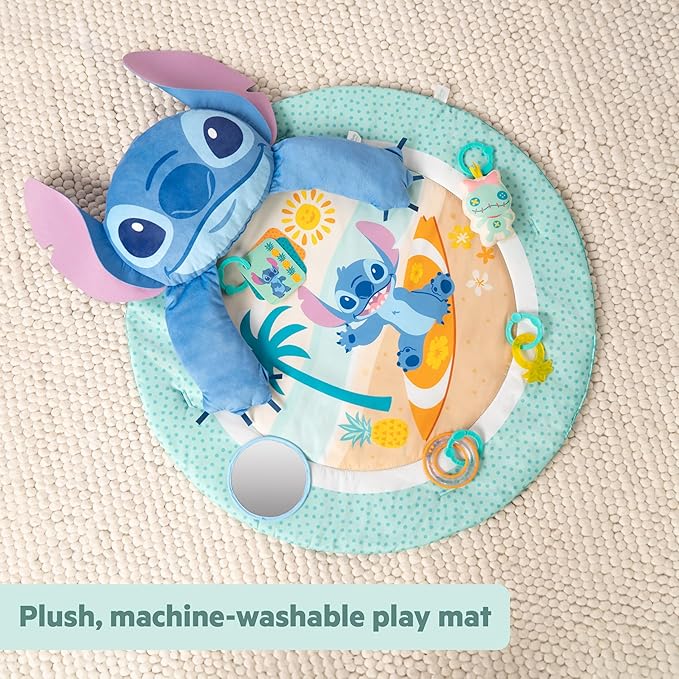 Bright Starts Disney Baby Stitch Party in Paradise Play Gym & Mat, Includes 5 Take Along Toys with Removable Stich Plush, Ages 0M+