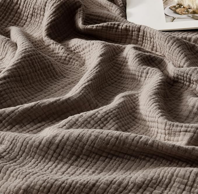 WDCOZY 100% Cotton Muslin Blanket Oversized King 4-Layer for Bed Breathable Lightweight Soft Large Boho Farmhouse Linen Tassels Ruffle Gauze Blankets 102x120 Inches Brown Mocha Chocolate Coffee Taupe