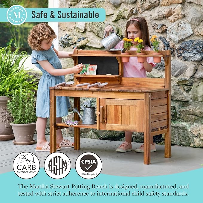 Martha Stewart Kids Outdoor Potting Bench: Acacia Wood Kids Gardening Set with Pots, Garden Tools, Soil Bin and Open Shelves | Wide Extendable Workspace | Wooden Backyard Playset for Outdoor Activity