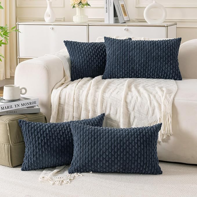 Set of 4 Grey Blue Decorative Throw Pillow Covers 12x20 Inch Corduroy Pillow Covers for Bed Couch Sofa Living Room Soft Cushion Cases