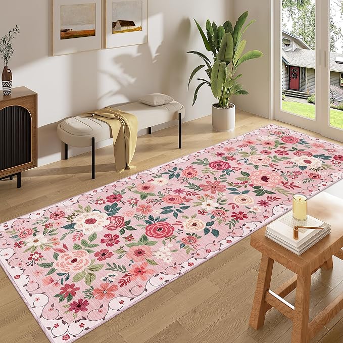DUKINO 3x8 Kitchen Runner Rug, Washable Rug for Hallway Non Slip, Pink | Soft, Low Pile, Floral Indoor Carpet Runner for Hallway, Entryway, Bedroom, Bathroom, Laundry, Pet Friendly, Home Decor