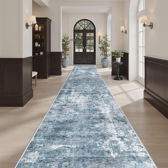 Soalmost Hallway Runner Rug 2'6" x 16' Kitchen Rugs Abstract Blue/Grey | Non-Slip Vintage Long Runners 2.5x16ft for Bathroom Entryway, Thin Low-Pile Foldable Floor Carpet Mat for Corridor Bedroom