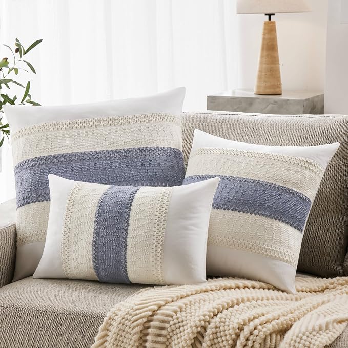 2pk Boho Pillow Covers 18x18, Natural White/Contrast/Blue | 100% Organic Cotton Body, Stripe Embroidery, Farmhouse Decorative Cushion Covers for Sofa Bed Living Room Home Decor