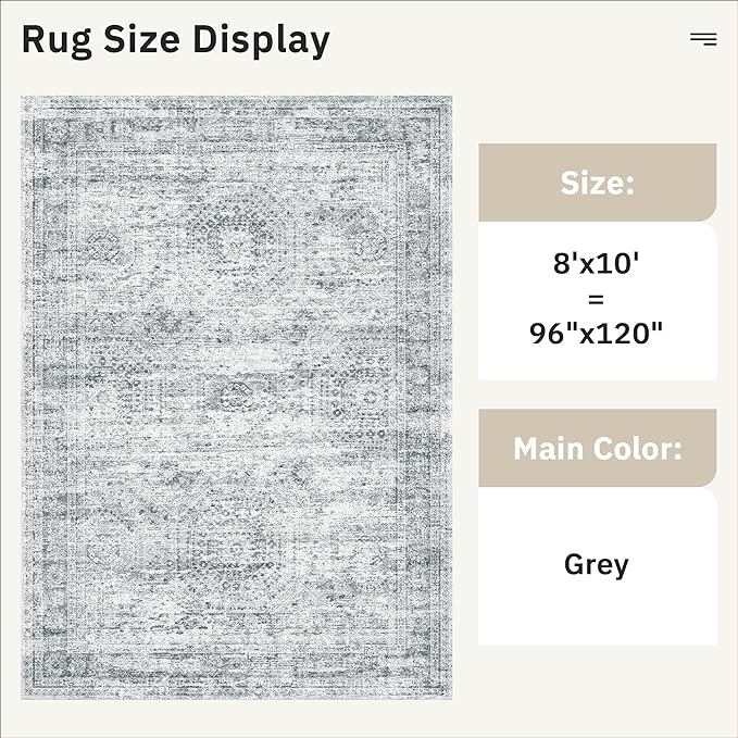 Soalmost Washable Area Rug 8x10 Large Soft Grey Rugs for Living Room | Vintage Non-Slip Carpet for Dining Bedroom, Stain Resistant Low Pile Foldable Lightweight Floor Mat Under Table Home Decor