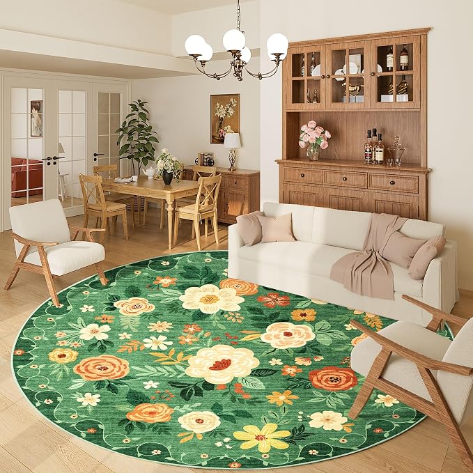 DUKINO 6ft Round Rug, Washable Circle Rug for Bedroom Non Slip, Dark Green | Low Pile, Stain Resistant Indoor Rug for Living Room, Dining Room, Kids Room, Office, Pet Friendly, Home Decor, Non-Shedding