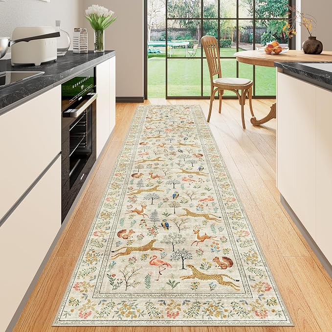 DUKINO 2.6x10 Washable Runner Rug, Non Slip Animal Rug for Hallway, Beige | Soft, Low Pile, Non-Shedding Indoor Carpet Runner for Entryway, Kitchen, Bedroom, Bathroom, Pet Friendly, Stain Resistant