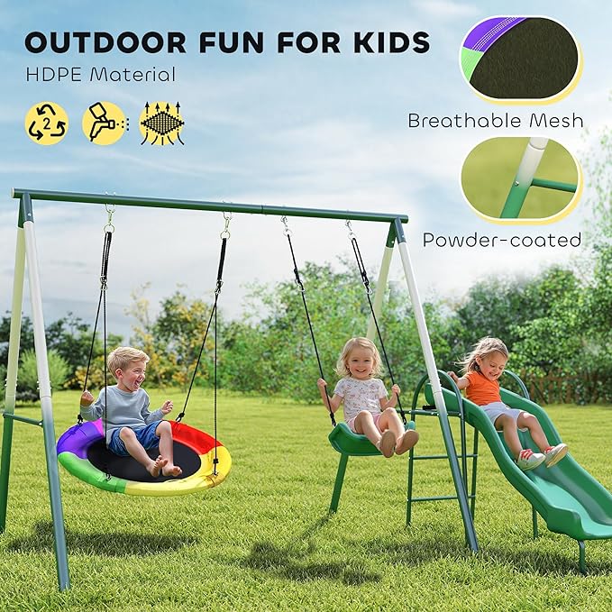 Qaba Swing Set for Backyard with Adjustable Seat and Saucer Swing, 5' Slide, Heavy Duty A-Frame Metal Stand Outdoor Playground Playset for Kids, Dark Green, 112" x 91" x 73"