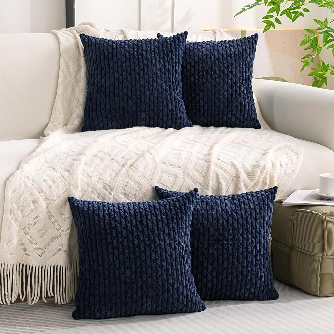 Set of 4 Navy Blue Decorative Throw Pillow Covers 22x22 Inch Corduroy Pillow Covers for Bed Couch Sofa Living Room Soft Square Cushion Cases