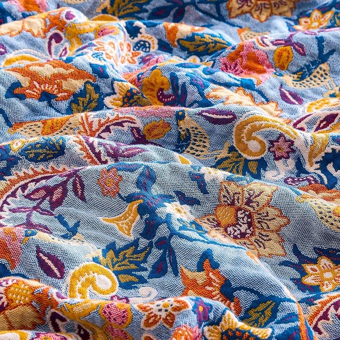 XIBLC Boho Throw Blanket for Bed, 100% Cotton Soft Rustic Quilt Fall Blanket, 50"x60" Floral Printed Farmhouse Decor Bed Blankets, All Season Rustic Reversible Bohemian Throw Quilt
