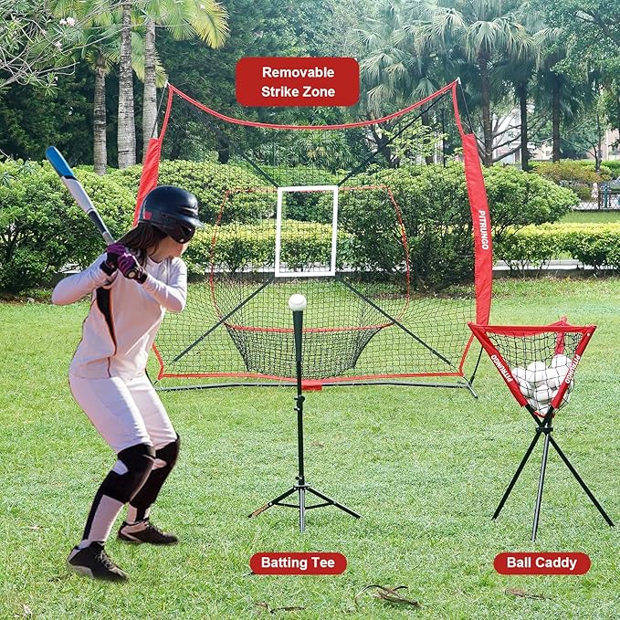 Baseball Softball Tee Batting Tee for Hitting T tee Ball Set Stand Baseball Softball Hitting Pitching Screen Net for Kids Teens Batting Net Set Training Equipment W/Carry Bag for Outdoor