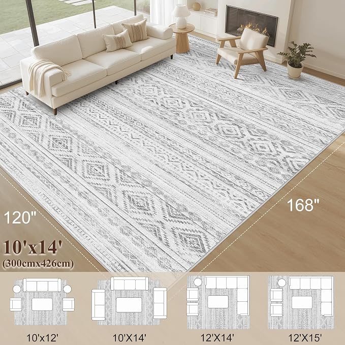 cotiled 10x14 Area Rugs Living Room Rug: Washable Boho Rugs with Non Slip Backing Large Soft Indoor Stain Resistant Carpet for Bedroom Farmhouse Dining Room Lightweight Home Decor Light Grey