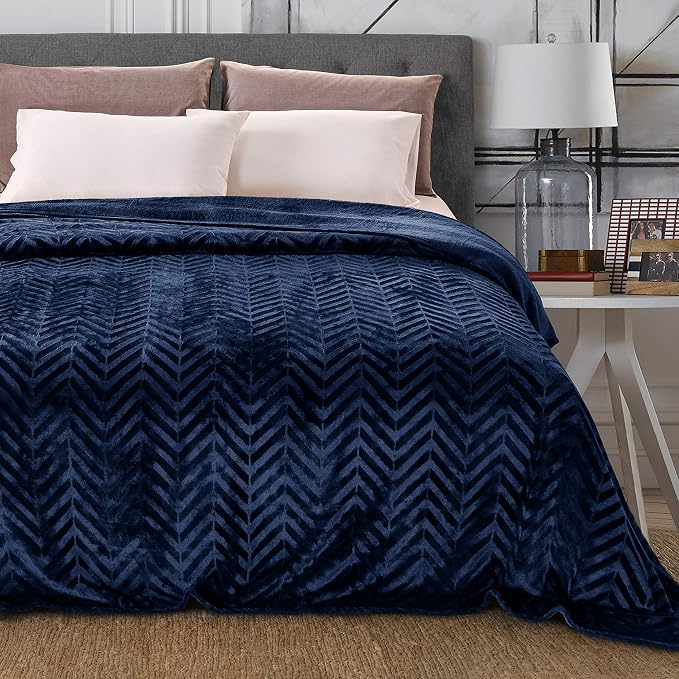 Whale Flotilla Flannel Fleece Fall Bed Blanket Queen Size, Navy Blue | Lightweight Breathable Soft Bedspread, Plush Fluffy Coverlet Chevron Design Decorative Blanket for Home Life, 90x90 Inch