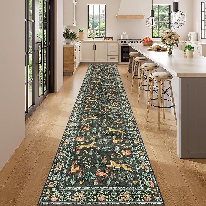 DUKINO 2.6x14 Runner Rug for Hallway, Washable Animal Rug Non Slip, Black | Soft, Low Pile, Stain Resistant Indoor Long Runner Rug for Entryway, Kitchen, Bedroom, Bathroom, Pet Friendly, Non-Shedding