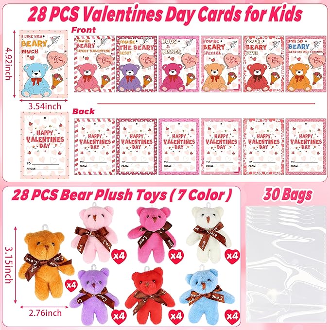 28 Pack Valentines Day Cards for Kids Classroom with Mini Bear Plush Toys Keychain Valentines Day Gifts for Kids School Valentines for Class Exchange Cards Valentines Party Favors Prizes Girls Boys