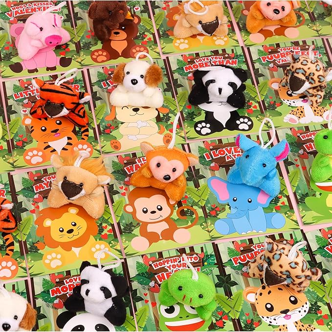 24 Pack Valentines Day Cards for Kids Classroom with Valentines Animals Plush Toys Valentines Day Gifts for Kids School Valentines for Class Exchange Cards Valentines Party Favors Prizes Girls Boys