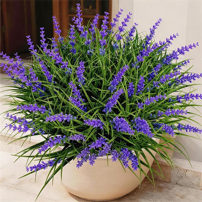 Gipsot 15 Bundles Artificial Faux Plants Flowers UV Resistant No-Fade, Adjustable Height Fake Greenery Indoor & Outdoor Decor for Window Garden Porch Patio Pathway Hanging Planter Front Yard, Purple
