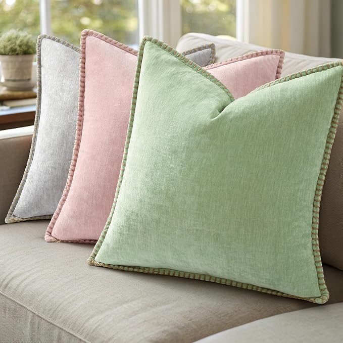 decorUhome Soft Chenille Throw Pillow Covers 24x24 Set of 2 Sage Green | Fall Textured Decorative Throw Pillow Cases Stitched Edge Modern Farmhouse Luxury Boho Velvet for Couch Sofa Bed Home Decor