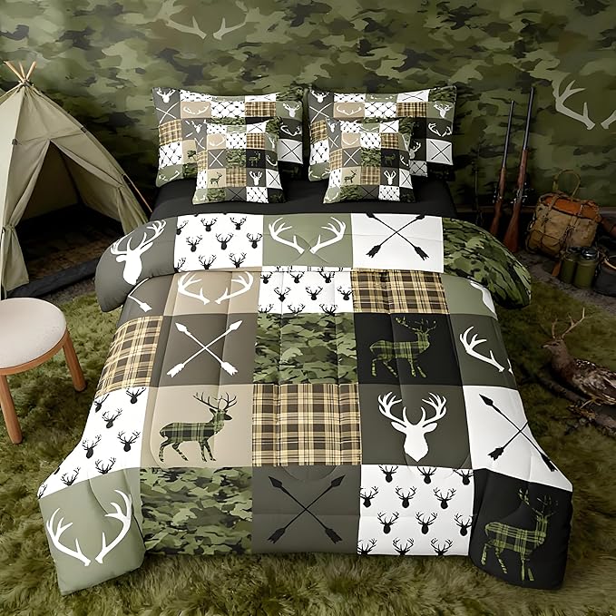 Feelyou Green Hunting Camo Twin Comforter Set with Sheets for Kids Boys Girls Rustic Western Deer 7 Pieces Bedding Set Camouflage Hunter Bed in a Bag Wildlife Animal Room Decor Soft