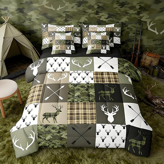 Feelyou Green Hunting Camo Twin Comforter Set with Sheets for Kids Boys Girls Rustic Western Deer 7 Pieces Bedding Set Camouflage Hunter Bed in a Bag Wildlife Animal Room Decor Soft
