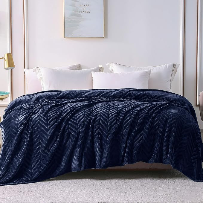 Whale Flotilla Flannel Fleece Fall Bed Blanket Queen Size, Navy Blue | Lightweight Breathable Soft Bedspread, Plush Fluffy Coverlet Chevron Design Decorative Blanket for Home Life, 90x90 Inch
