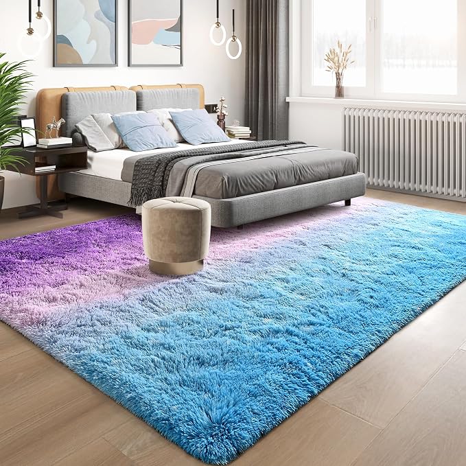 Tepook Fluffy Large Rugs for Living Room, Area Rug 6x9 Soft Carpet for Bedroom, Modern Shaggy Rug for Kids Boys Girls, Plush Indoor Nursery Home Decor Rug with Non-Slip Bottom, Purple and Blue