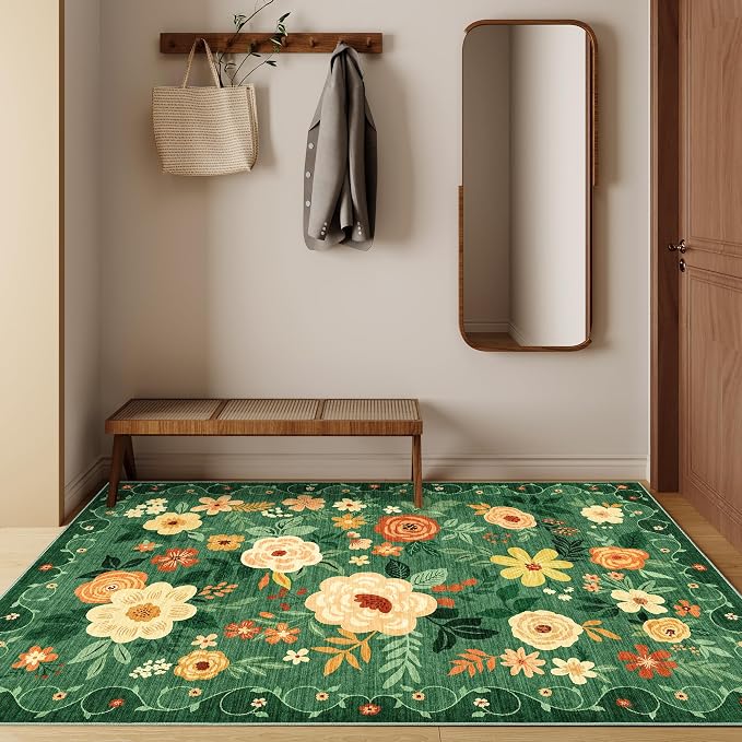 DUKINO 4x6 Area Rug, Floral Washable Office Chair Rug Non Slip, Dark Green | Low Pile, Stain Resistant, Soft Indoor Rug for Bedroom, Living Room, Dining Room, Kids Room, Pet Friendly, Modern Home Decor