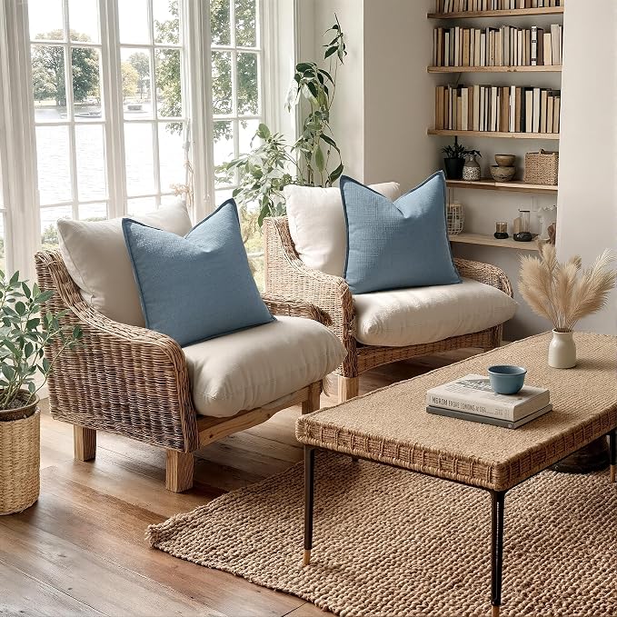 MIULEE Thick Textured Decorative Throw Pillow Covers 18x18 Inch Blue | Set of 2, Linen Blend Pillow Cover, Flange Edge Design, Farmhouse Modern Boho Style, Bed Couch Living Room Decor