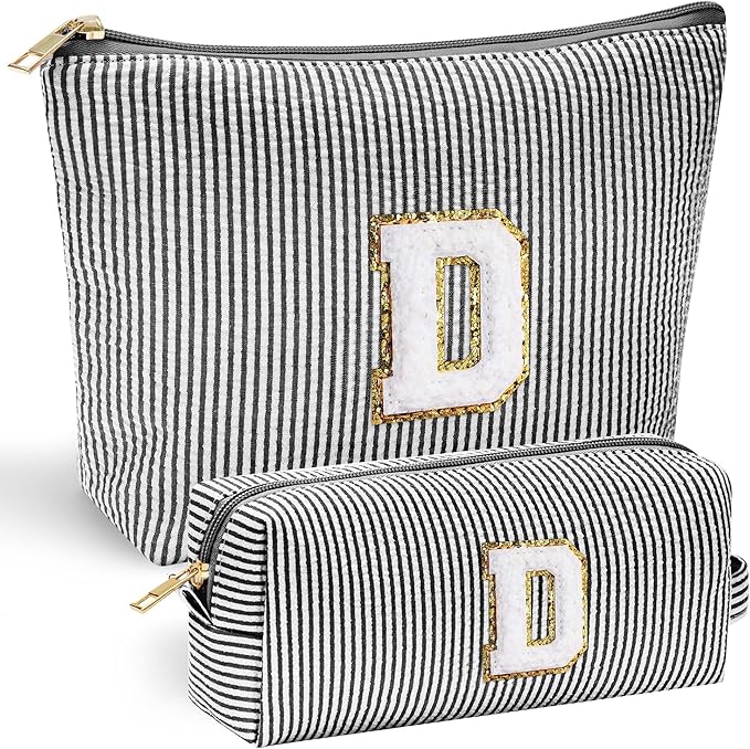 YOOLIFE Initial Cute Monogrammed Makeup Bag for Women - Personalized Birthday Gift for Teen Girl or Mom - Black