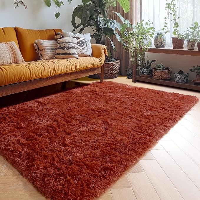 Amdrebio Terracotta Furry Small Area Rug 3x5 for Kids Bedroom Living Room | Fuzzy Fluffy Shaggy Thick Rust Carpet, Preppy Dorm Classroom Nursery Playroom Decor, Rustic Southwestern Vintage Aesthetic