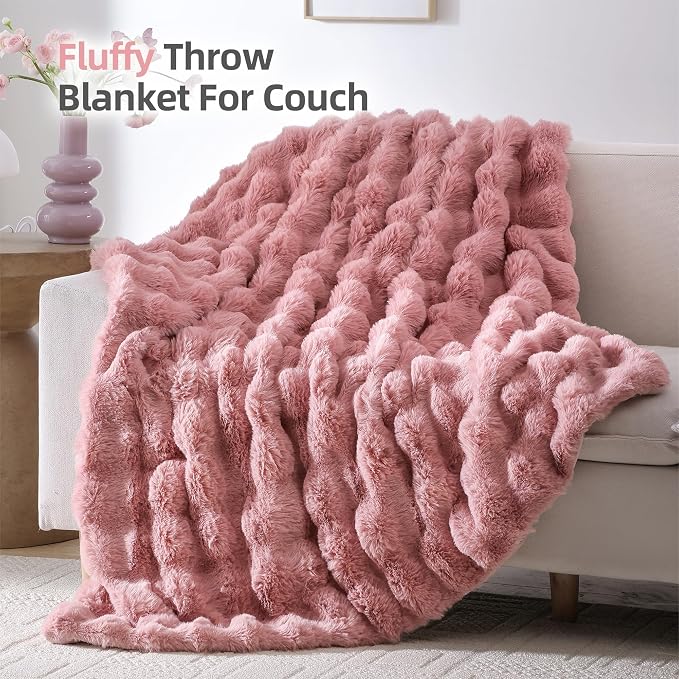 Faux Rabbit Fur Throw for Couch - Old Pink Bubble Blanket 60"x80" | Fluffy Plush Fuzzy Throw for Sofa & Bed, Super Soft Cozy Comfrt Blanket, Luxury Aesthetic Pink Decor Gift for Women