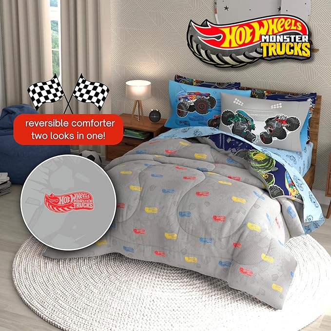 Hot Wheels x Monster Trucks Bedding Set, Twin Size 5 Piece Set Kids Super Soft Cozy Reversible Comforter and Sheet Set with Sham, (100% Officially Licensed Product) by Franco