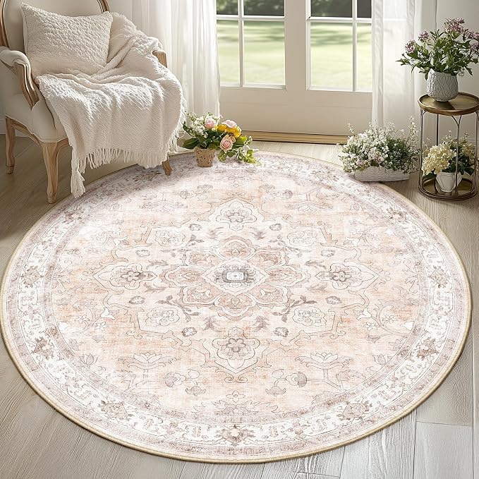 CAPALOCA Round 4ft Washable Nursery Girls Low Pile Area Rug Pink | Non-Slip Soft Rugs for Bedroom Kids Playroom Living Room, Print Pattern Water Repellent Carpet Indoor Decor