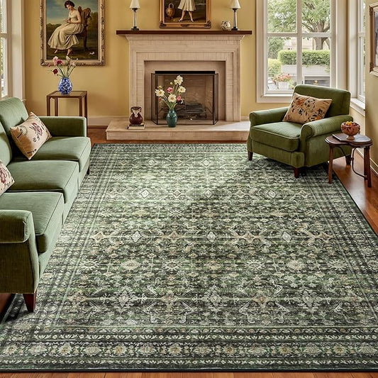 7x10 Area Rugs for Living Room Bedroom, Green Washable Non-Slip Carpet | Soft Boho Area Rug for Dining Room Home Office Indoor Nursery, Stain Resistant, Low Pile, Foldable Vintage Distressed Rug