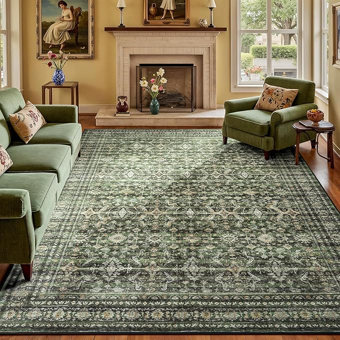 8x10 Area Rugs for Living Room Green Washable Non-Slip Large Carpet | Soft Boho Area Rug for Bedroom Dining Room Home Office Indoor Nursery, Stain Resistant, Low Pile, Vintage Distressed Rug