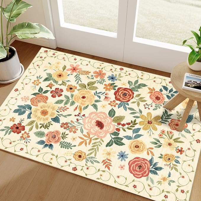 DUKINO 2x3 Entryway Rug, Door Mat Soft Washable Rug Non Slip, Beige Yellow | Low Pile, Non-Shedding, Floral Small Rug for Kitchen, Entrance, Bedroom, Bathroom, Pet Friendly, Stain Resistant, Home Decor