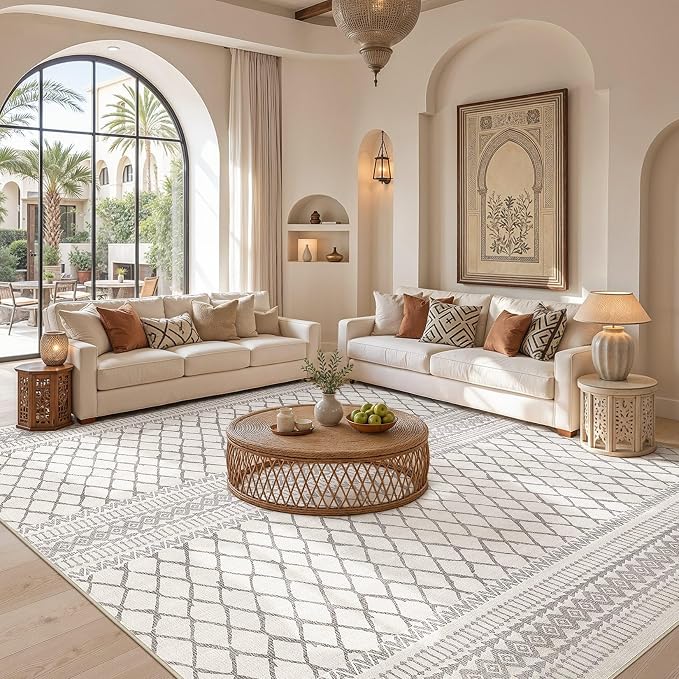 cotiled 9x12 Area Rugs Living Room Rug: Washable Boho Rugs with Non Slip Backing Large Soft Indoor Stain Resistant Carpet for Bedroom Farmhouse Dining Room Lightweight Home Decor Beige/Gray