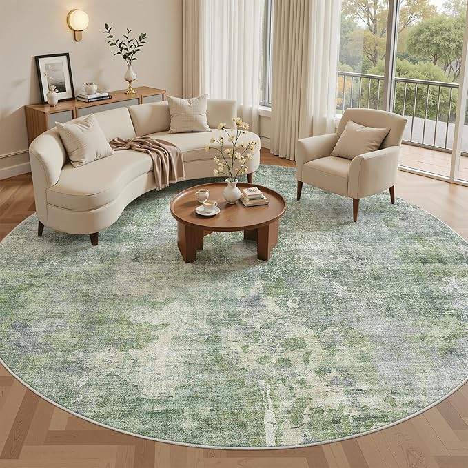 Soalmost Round Rugs 8ft Living Room Circle Area Rug 8x8 Green/Ivory Vintage | Washable Non Slip Abstract Carpet for Apartment, Dining Bedroom, Soft Low Pile Stain Resistant Foldable Floor Mat Entryway